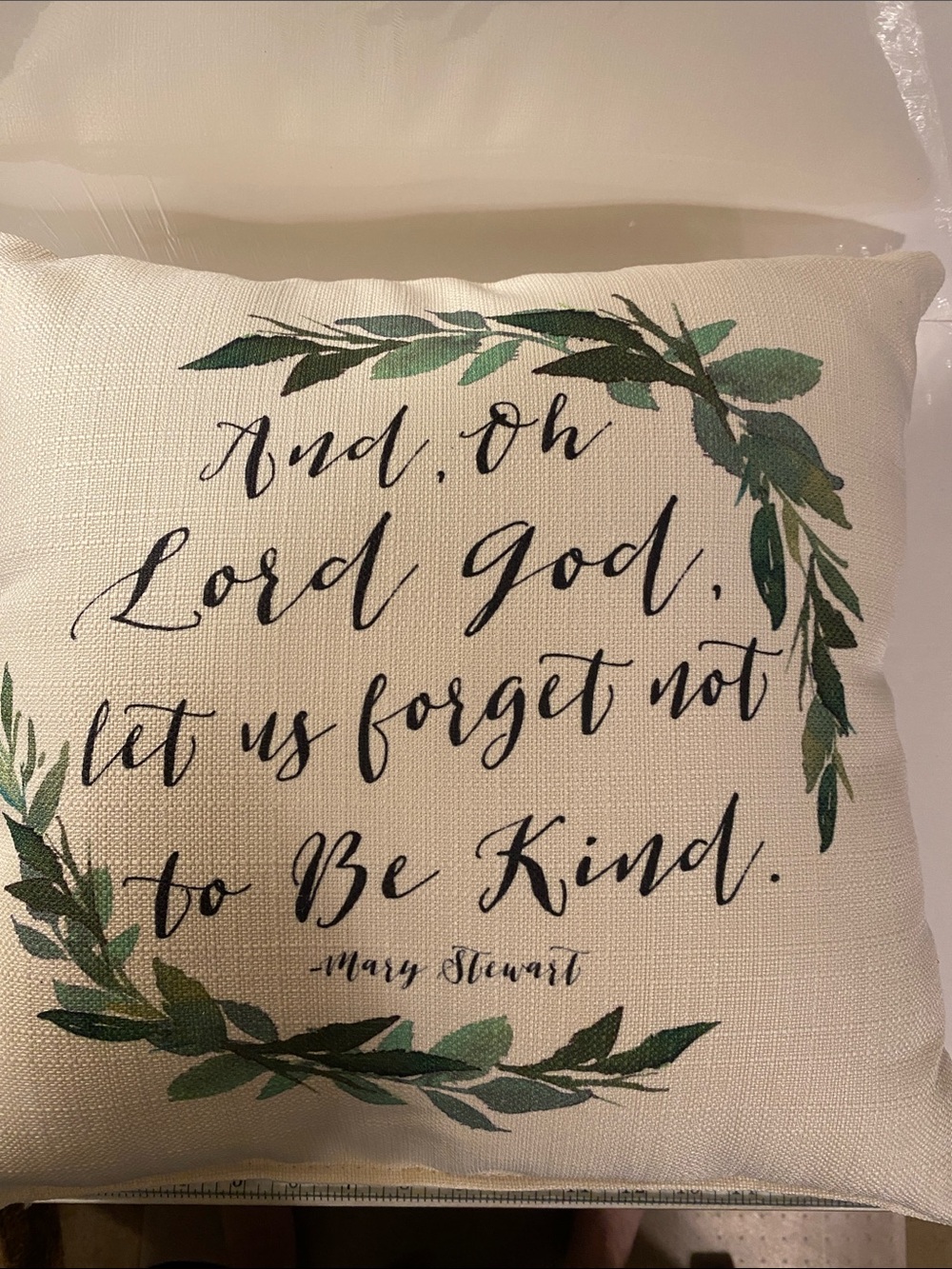 GFWC Decorative Cream Holiday Pillow with Green Wreath and Script Quote